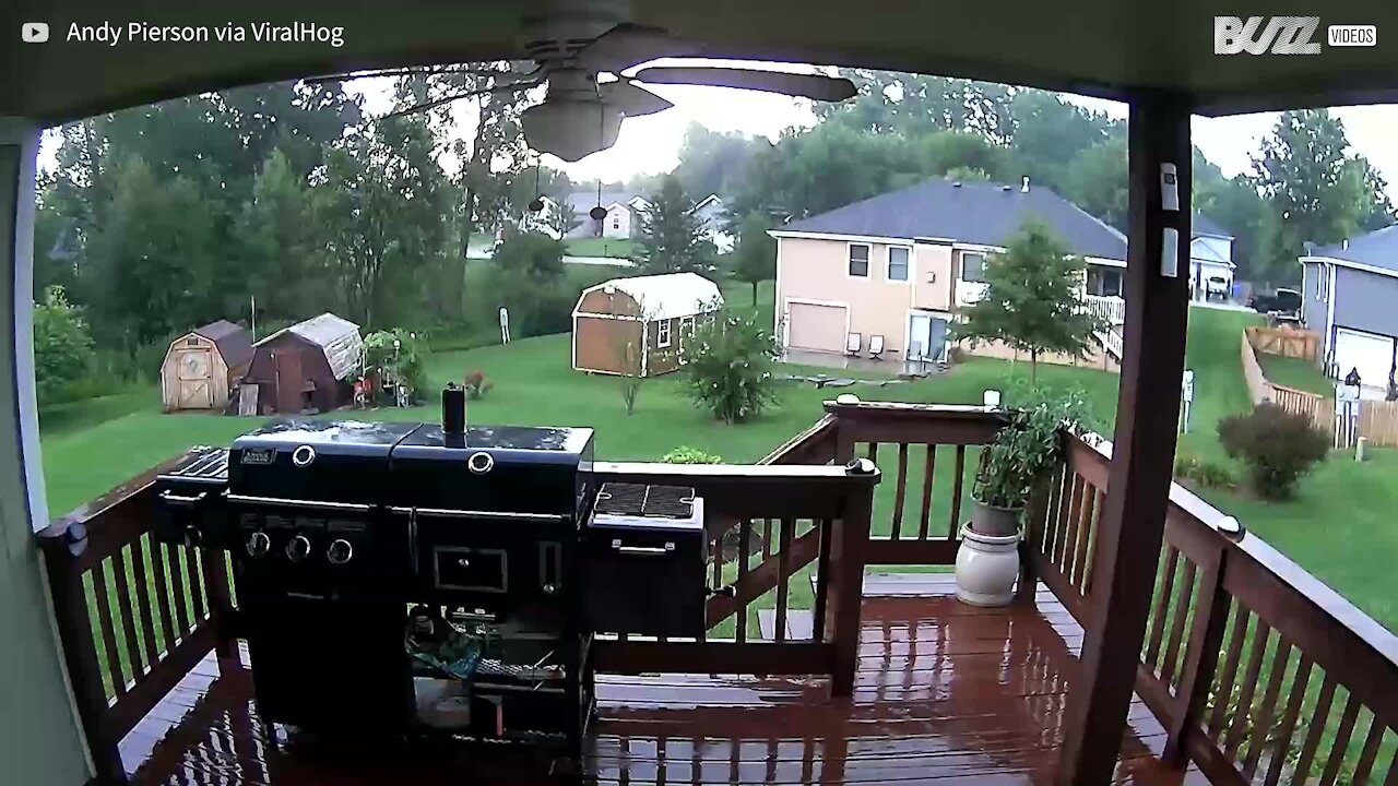 Security camera records moment lightning strikes backyard