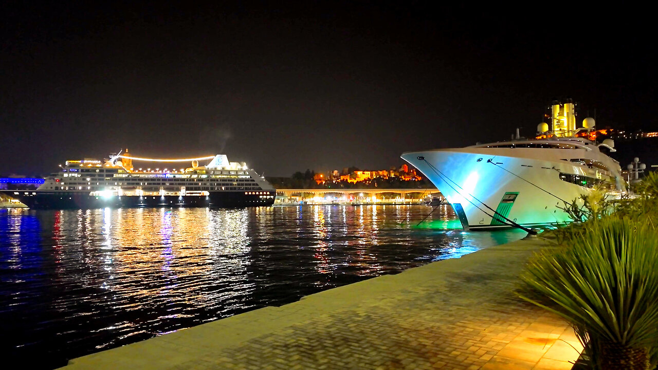 Ships in a Sea Port with Night City View | Royalty Free Stock Footage 4K 60FPS