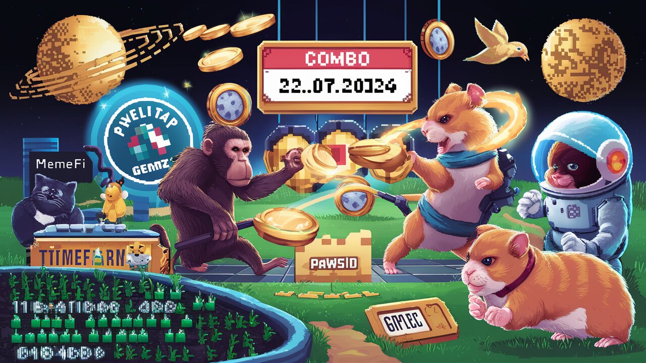 Combo 22.07 PixelTap Gemz TapCoins Baboon Hamster Kombat GoldVerse Bird MemeFI Cat ID Paws TimeFarm