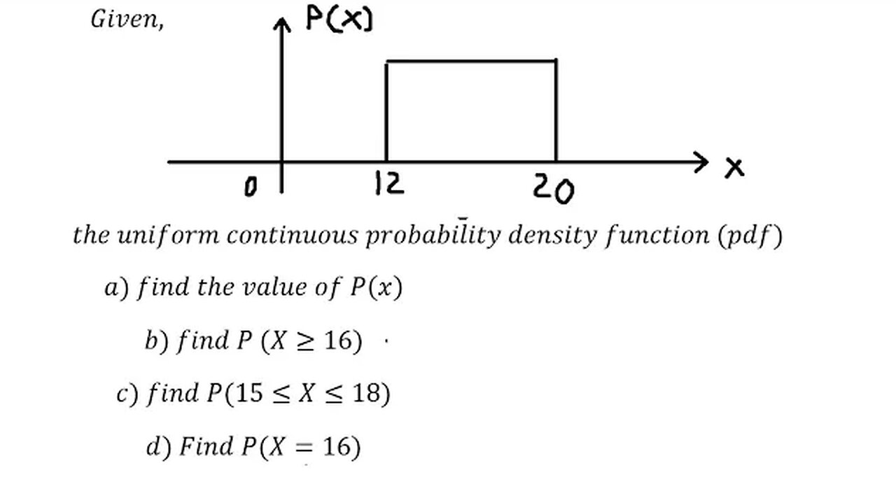Probability Help: Given, the uniform continuous probability density function (pdf) b) find P (X≥16)