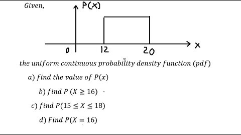 Probability Help: Given, the uniform continuous probability density function (pdf) b) find P (X≥16)