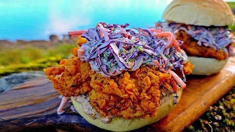 Crispy Chicken Burger cooked in the WILD!🔥 ASMR cooking in the forest