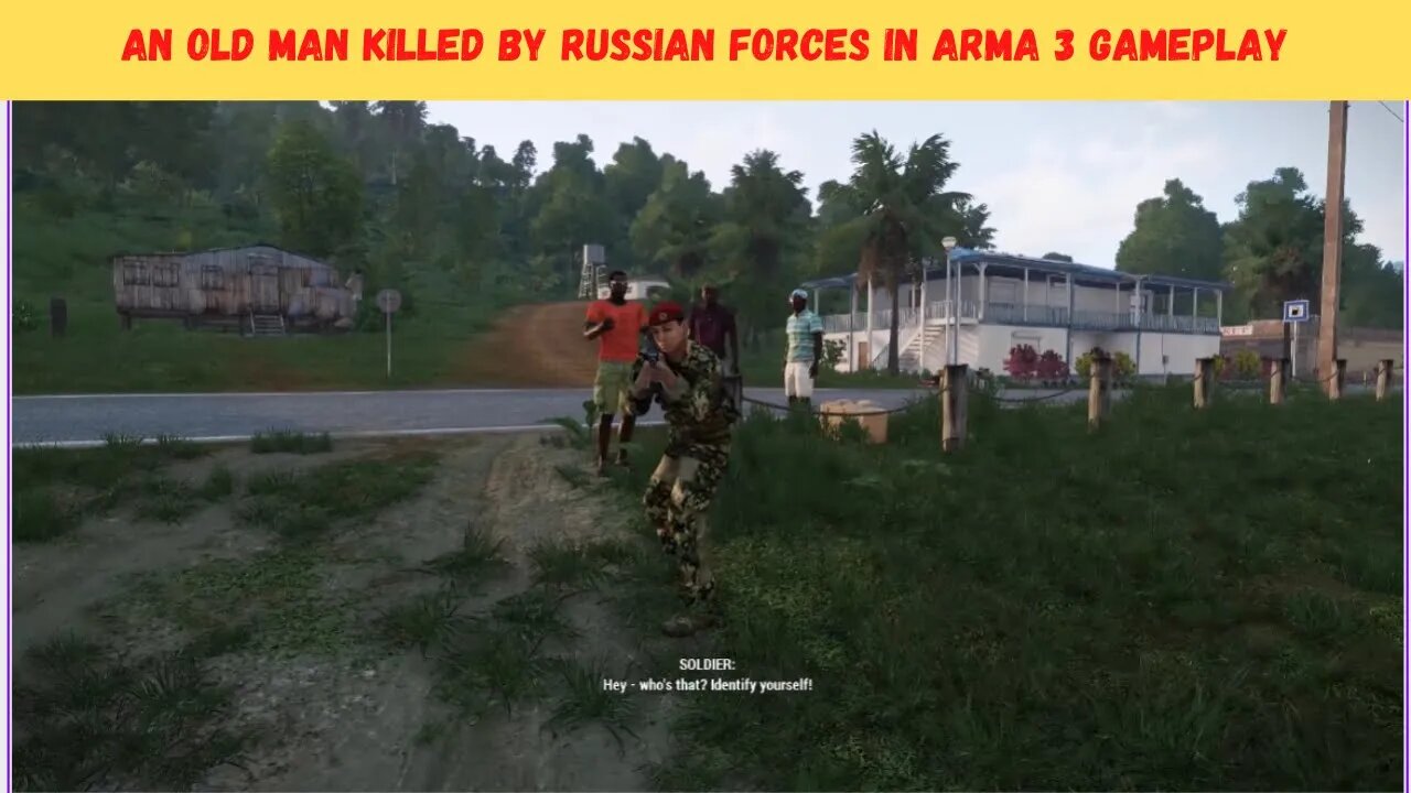 An old man is attacked by forces in Arma 3 gameplay