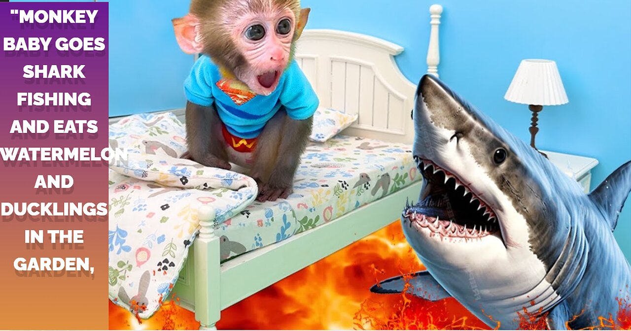 "Monkey Baby's Underwater Adventure: Shark Fishing, Watermelon Feast, and Ducklings in the Garden"