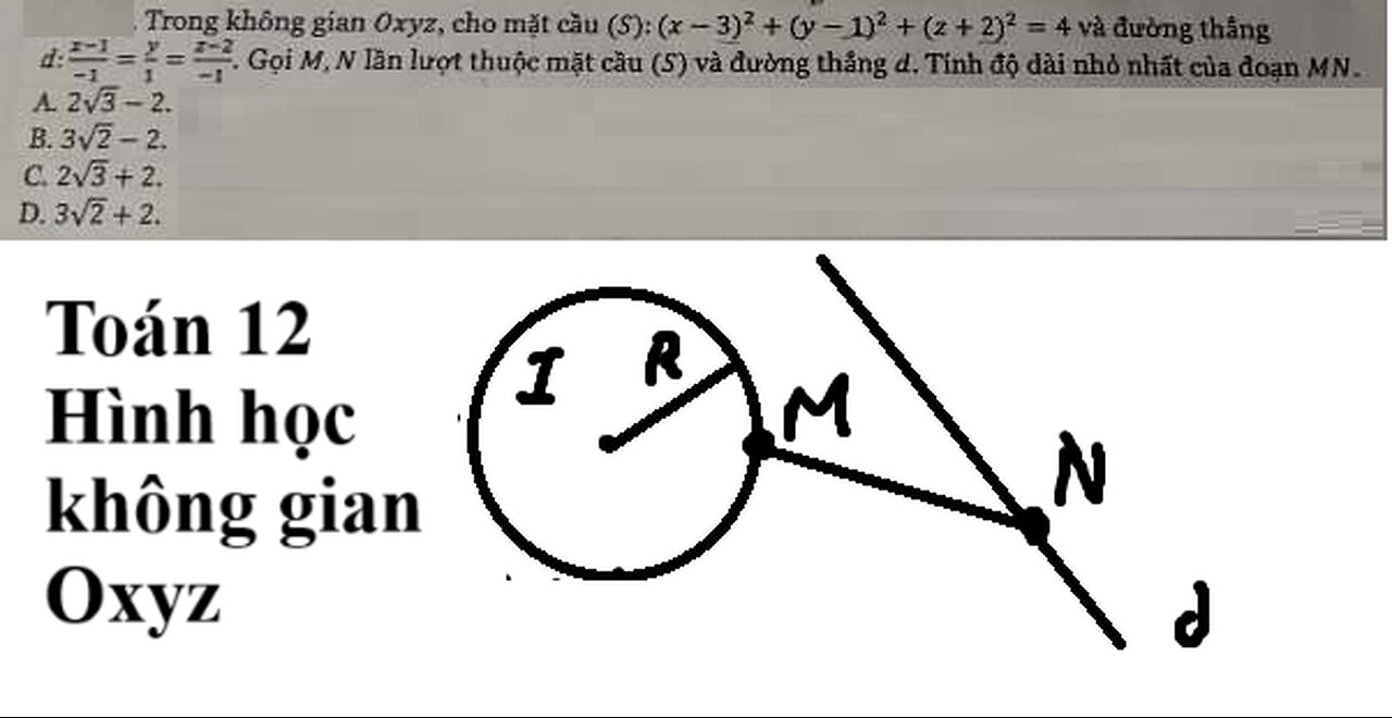 Toán 12: Trong không gian Oxyz, cho mặt cầu (S):(x-3)^2 + (y-1)^2 + (z+2)^2=4 và đường thẳng d:(x-1)