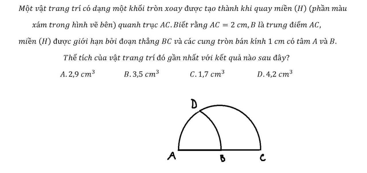 Một vật trang trí có dạng một khối tròn xoay được tạo thành khi quay miền (H) (phần màuxám trong