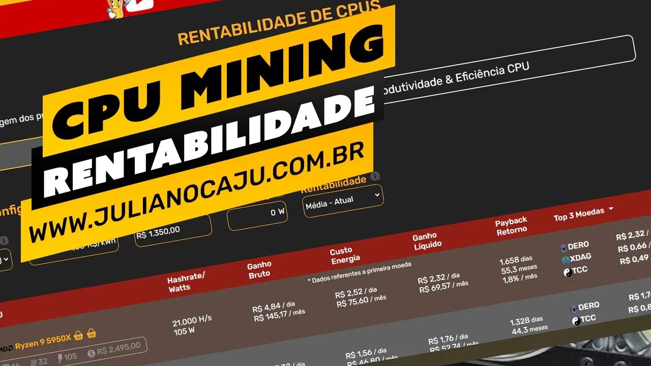 ⛏️🛒 RENTABILIDADE / HASHRATE / EFICIÊNCIA DE CPUS - NOVIDADES DO SITE JULIANOCAJU.COM.BR