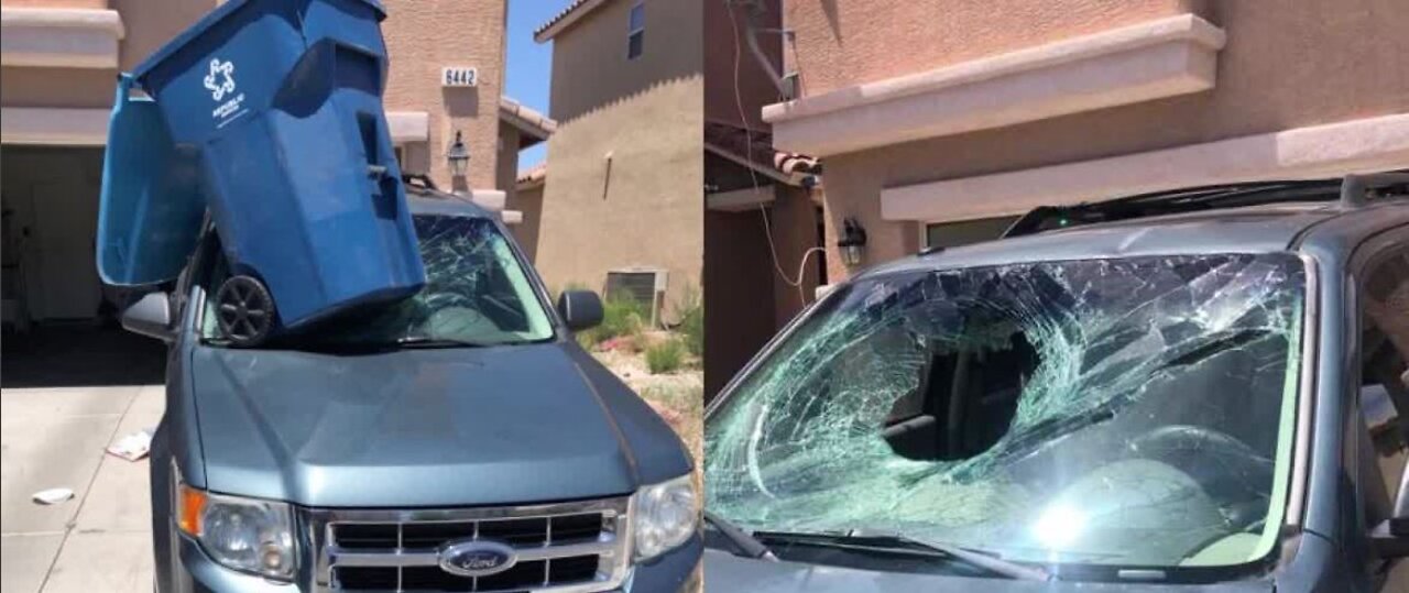 CAUGHT ON CAMERA: Trash can smashes windshield