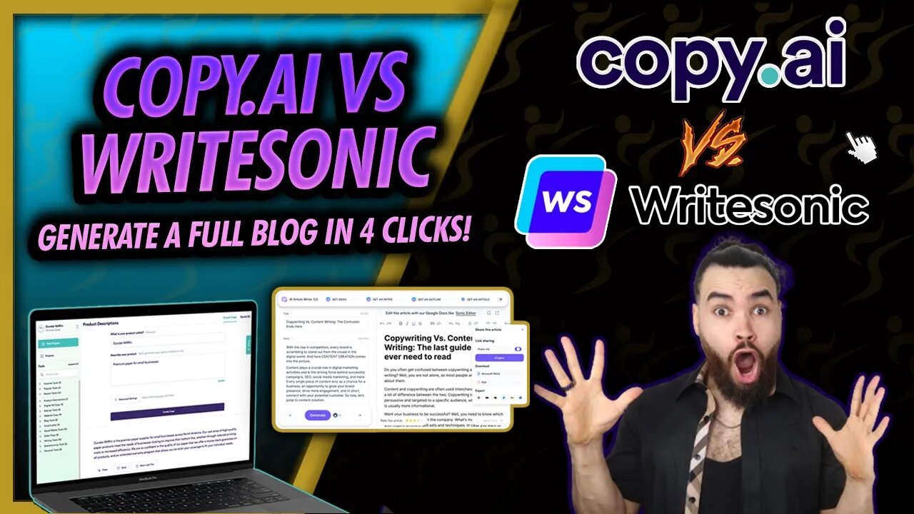 Copy.AI VS Writesonic - Comparison Review Automatically Generate 1500 Word Blog Posts In 3 Minutes ✍