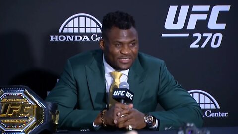 Francis Ngannou reacts to Dana White refusing to wrap belt around his waist after UFC 270 win