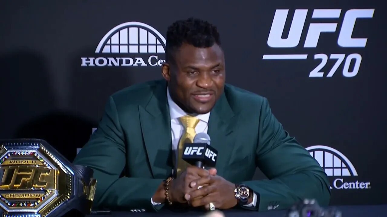 Francis Ngannou reacts to Dana White refusing to wrap belt around his waist after UFC 270 win