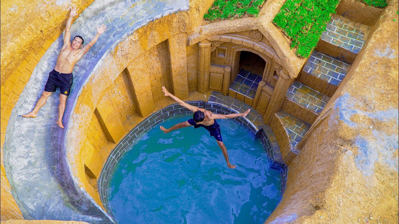 100 Days Of Build Swimming Pool Water Slide Around Secret Underground House