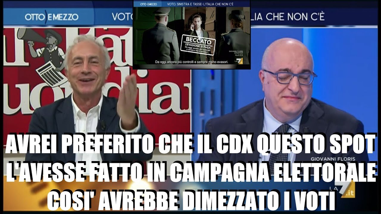 Travaglio in tv sullo spot del governo contro l'evasione fiscale italiana all'estero:sa benissimo che se un evasore seduto in poltrona che accende la televisione e vede lo spot mostrato casca dal divano dalle risate! Si rotola per terra"