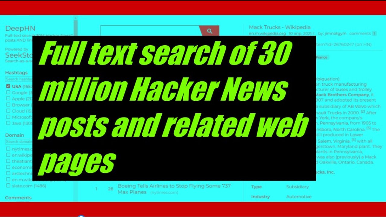 Full text search of 30 million Hacker News posts and related web pages