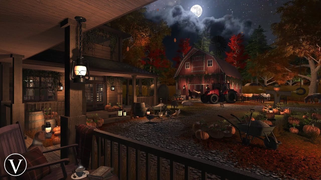 Farmhouse Porch | Autumn Night Ambience | Farm Animals, Tree Wind & Forest Nature Sounds