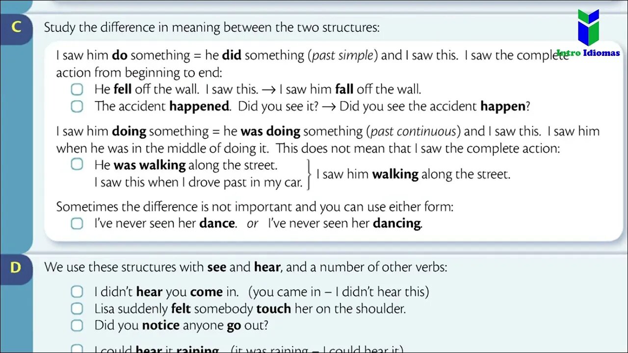 067 - ENGLISH GRAMMAR IN USE - Unit 67 - See somebody do and see somebody doing - INTERMEDIATE LEVEL