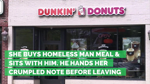 She Buys Homeless Man Meal & Sits with Him. He Hands Her Crumpled Note Before Leaving