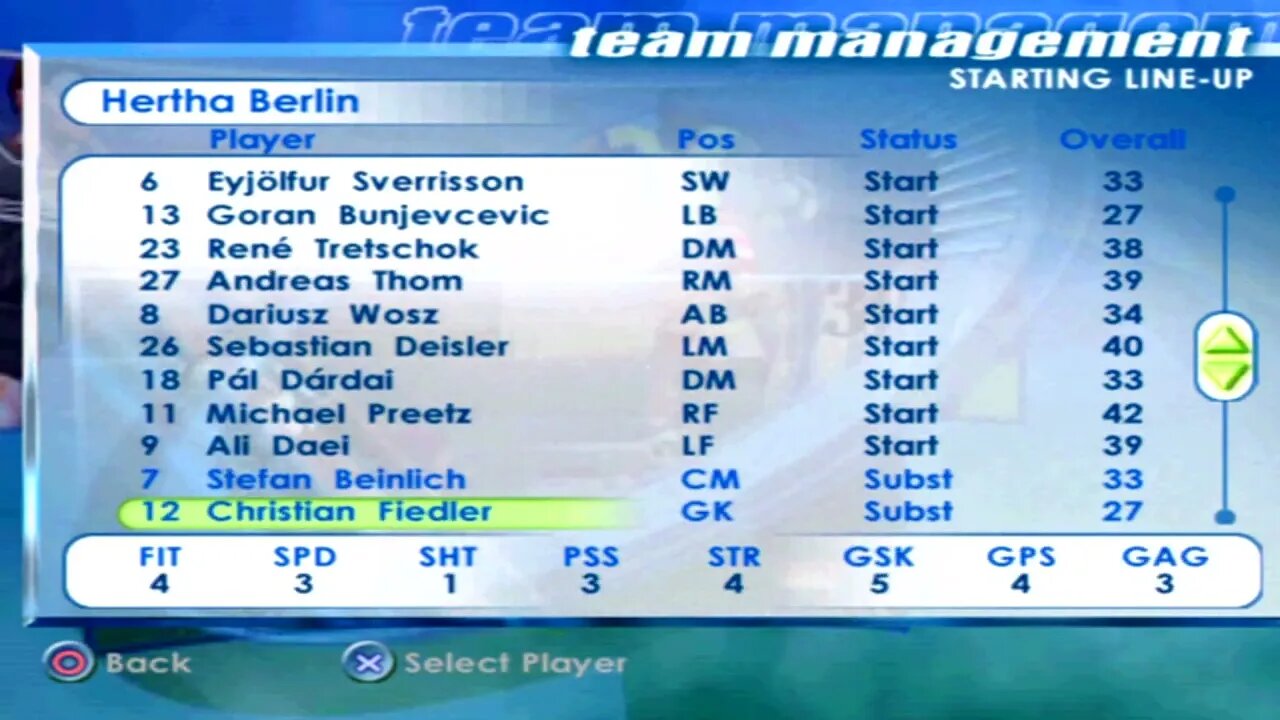 FIFA 2001 Hertha Berlin Overall Player Ratings