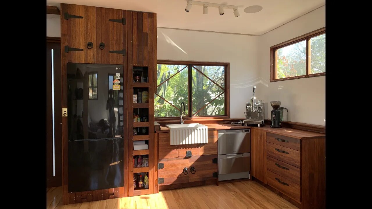 Tiny Home Timber Farmhouse Kitchen Build idea with merbau kwila natural hardwood from Bunnings