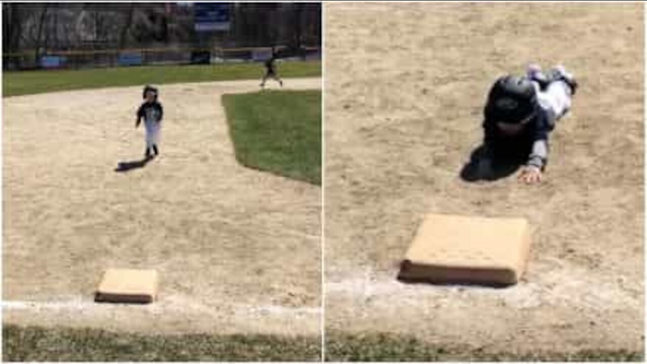 Piccolo giocatore di baseball cade poco prima di arrivare alla base