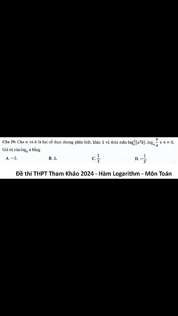 Đề thi tham khảo THPT 2024 - Môn Toán: Câu 39: Cho a và b là hai số thực dương phân biệt, khác 1