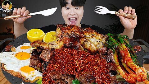 ASMR MUKBANG | Fried Chicken, steak, black bean noodles, kimchi Korean Food recipe ! eating