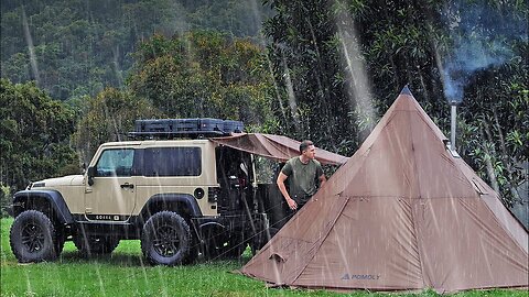 HOT TENT Camping In SEVERE RAIN [ Relax In Warm And Cosy Tepee With Fire Place | Car | ASMR ]