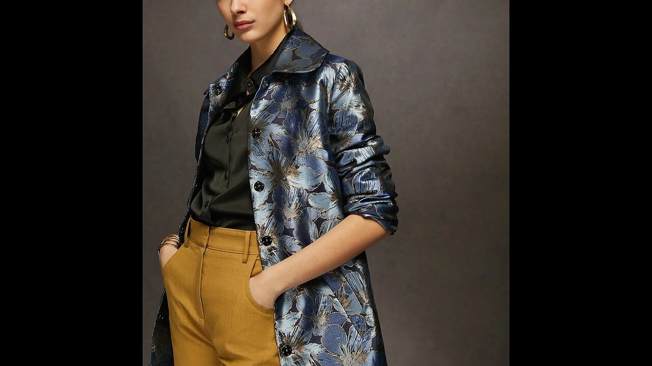 Urban Satin Jacquard Floral Long Jacket for women, Color Dark Blue