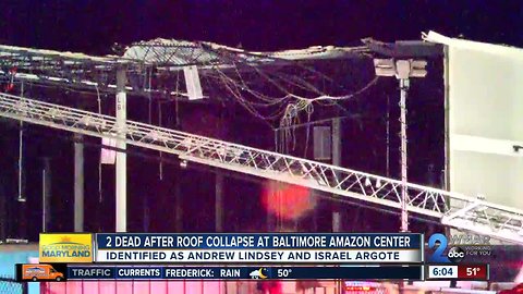 Two contractors were killed at the Amazon facility in Baltimore due to storm damage