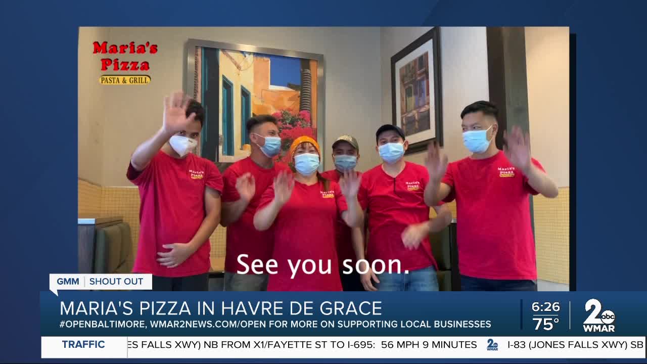 Maria's Pizza in Havre de Grace says "We're Open Baltimore!"