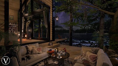 Pine Forest Lodge Porch | Dusk & Night Ambience | Wind Chimes, Lake & Nature Sounds