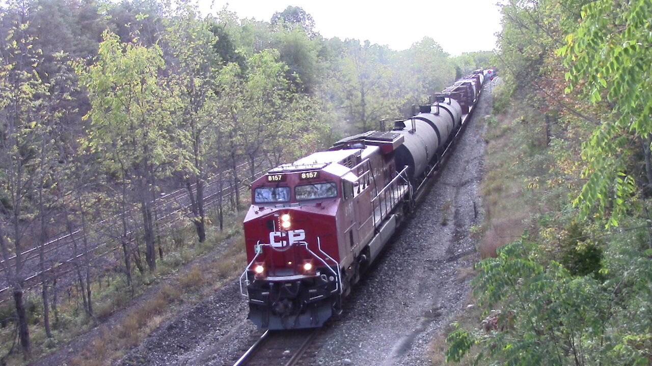 Manifest Train CP 8157 & CP 8647 DPU Locomotives Eastbound From Denfield Road Bridge Overhead