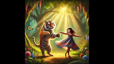 Little girl dancing with a tiger