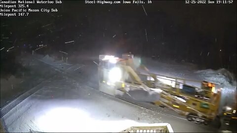 SB and NB Union Pacific Snowplow at Mills Tower in Iowa Falls, IA on December 25, 2022