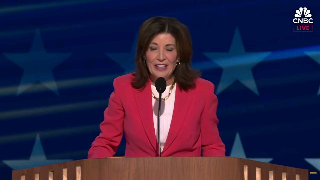 Governor Kathy Hochul brags about New York prosecuting President Trump at the DNC Chicago convention