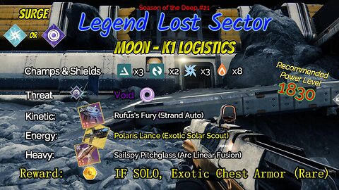 Destiny 2 Legend Lost Sector: Moon - K1 Logistics on my Arc Hunter 6-27-23