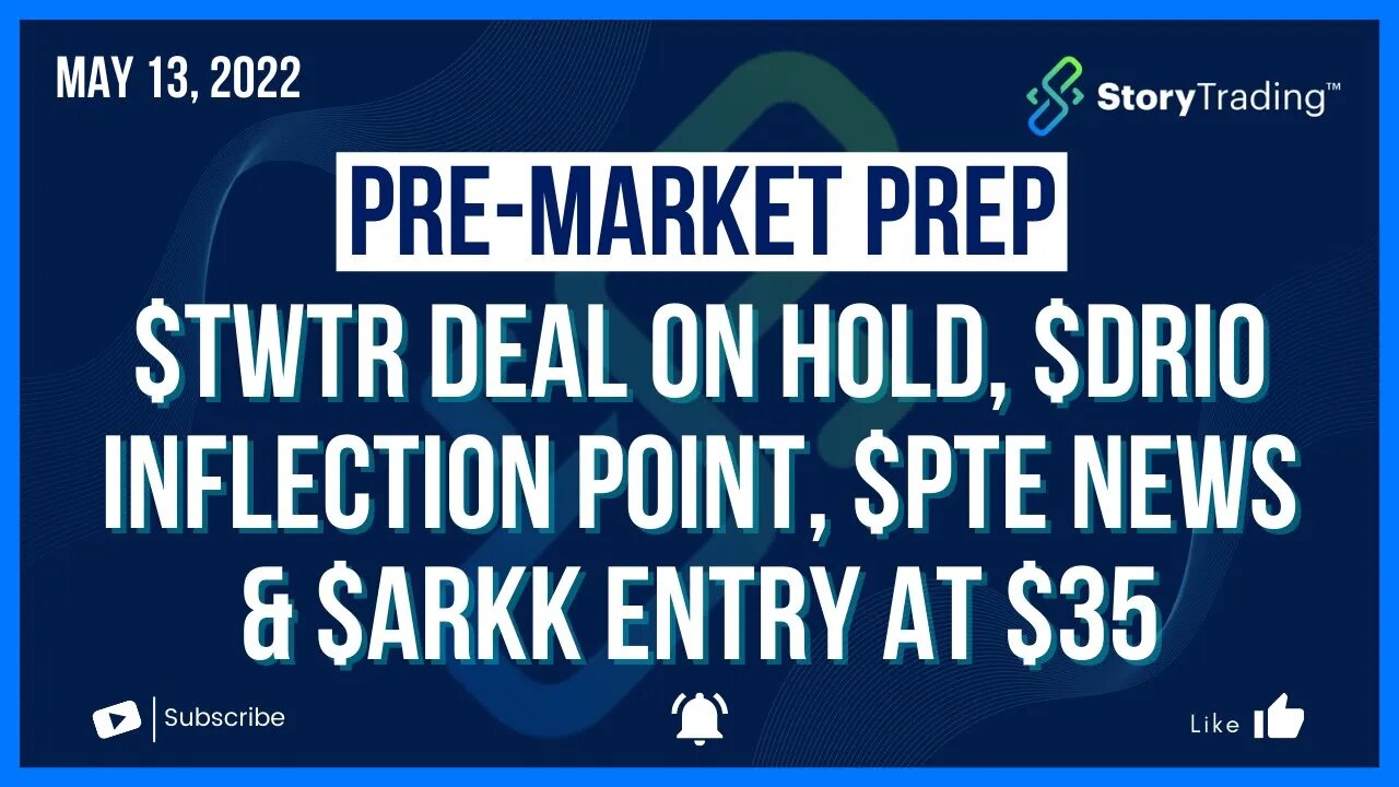 5/13/22 PreMarket Prep: $TWTR Deal on Hold, $DRIO Inflection Point, $PTE News, & $ARKK Entry at $35