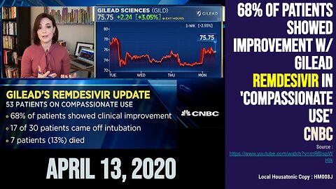 (April 13 2020) 68% of patients showed improvement w/ Gilead Remdesivir 'compassionate use' (CNBC)