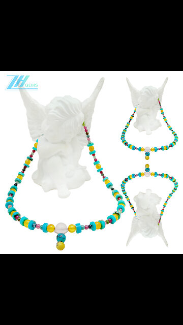Natural turquoise amber Tourmaline Rubellite Apyrite Rose Quartz bumble bee necklace03