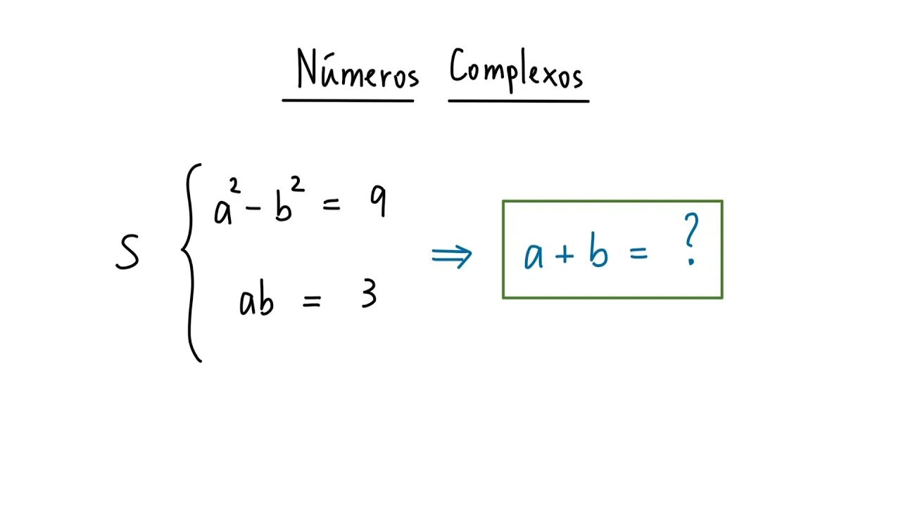 Fatoração com Números Complexos | a² - b² = 9 ∧ ab = 3 ⇒ a + b = ?