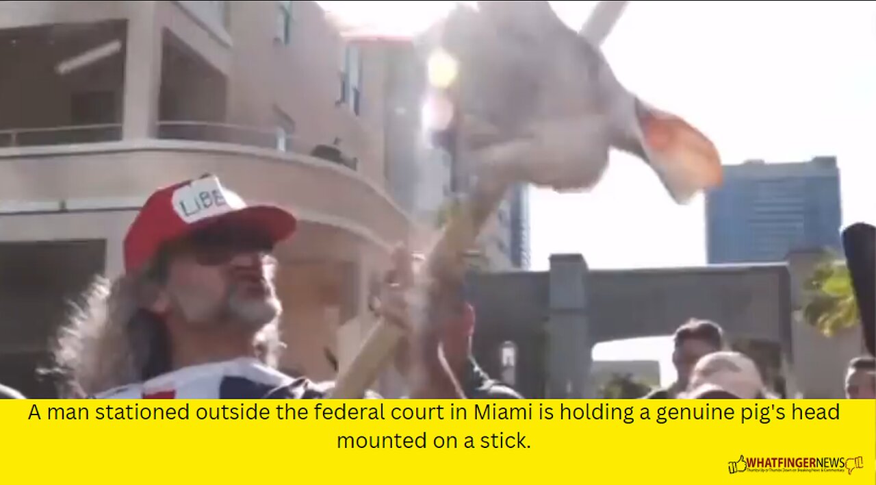 A man stationed outside the federal court in Miami is holding a genuine pig's head mounted