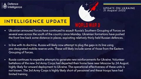 British Defence Intelligence Update Ukraine – 31 August 2022 - World War 3