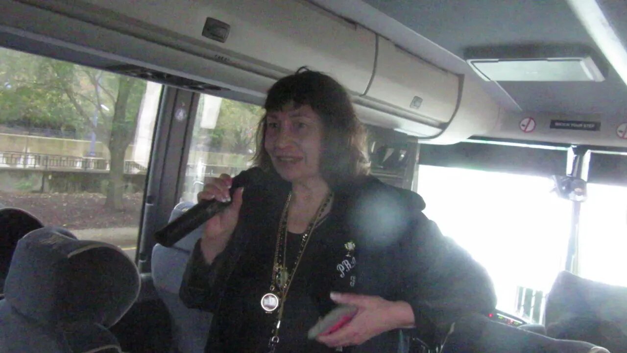 MaryAnn Harold of WQPH gives a run down on the days events on the bus into Boston 10 30