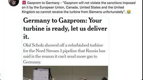 “俄羅斯天然氣工業股份公司不會違反歐盟、加拿大、美國和英國對其實施的製裁，因此很遺憾無法從西門子獲得渦輪機”。😂😂😂