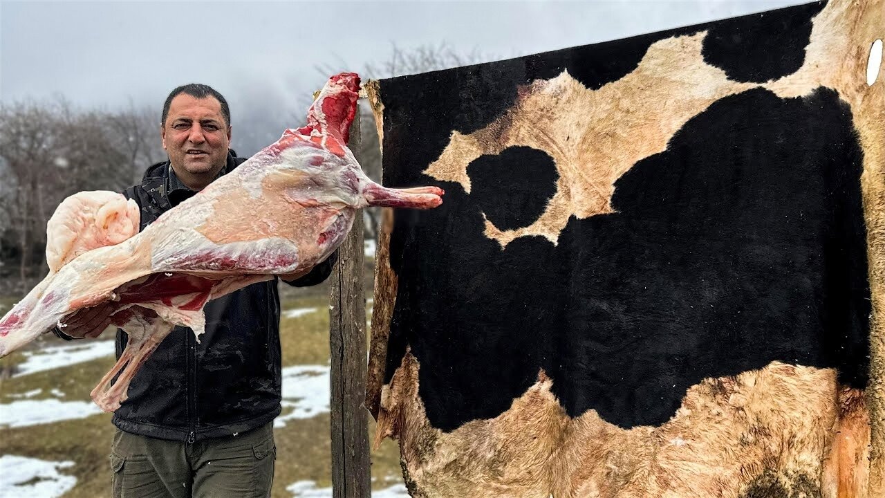 Lamb with Vegetables sewn in Cowhide! Incredible Meat with Vegetables