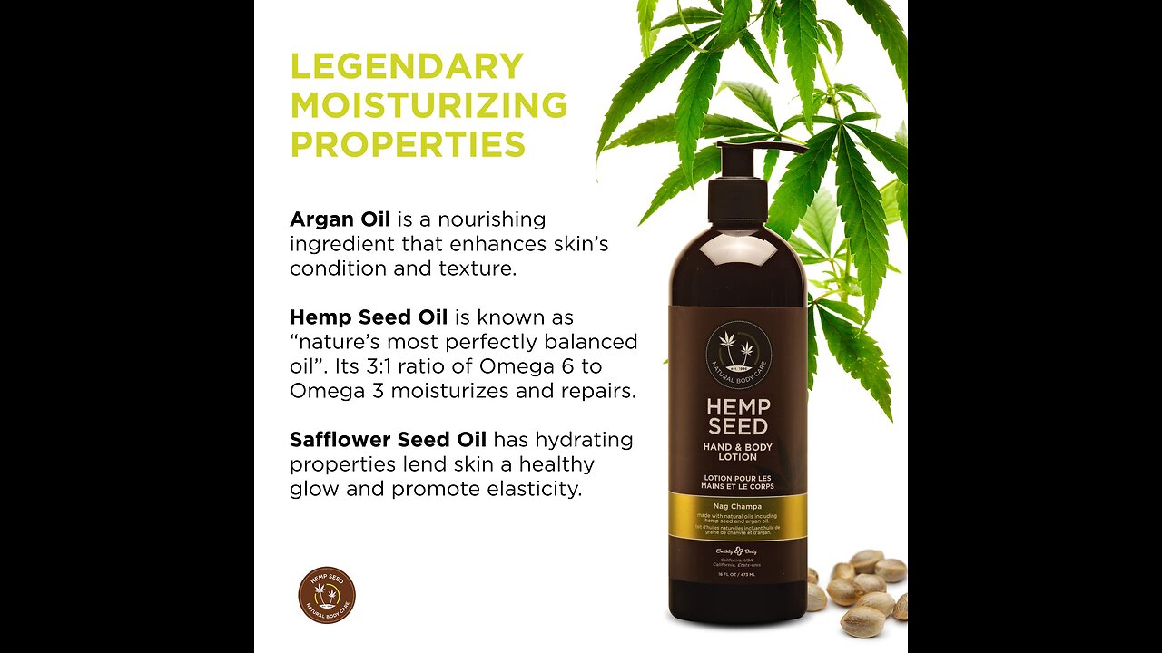 Hemp Seed Hand & Body Lotion, Nag Champa Scent - 7 oz. - Soothe Dry Skin - Argan Oil, Hemp Seed...