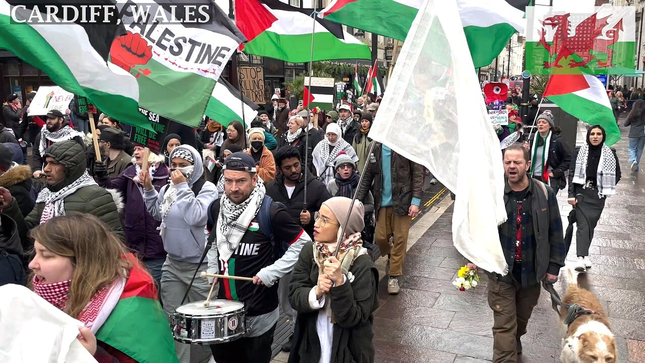 International Women’s Day by standing in solidarity with women in Gaza, St Mary Street, Cardiff