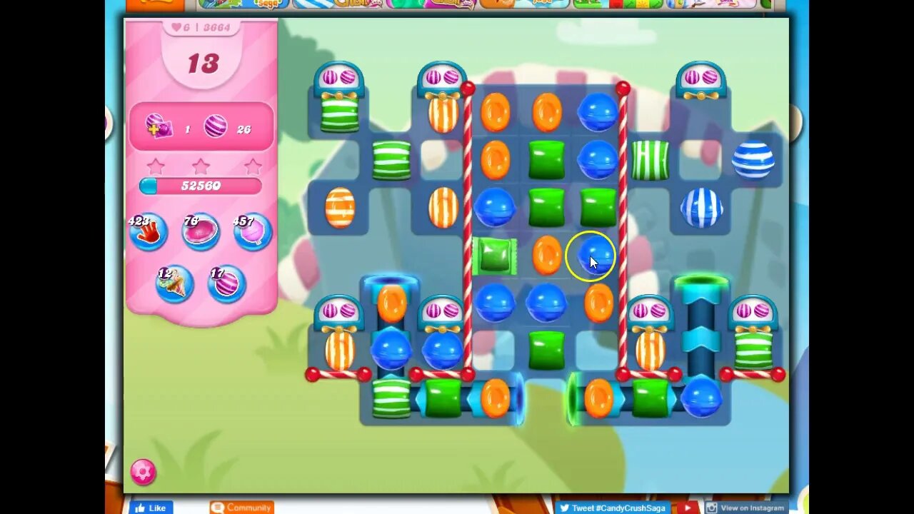 Candy Crush Level 3664, 24 Moves (1 auto booster; for no boosters, see https://youtu.be/X0klfHDcoJo)