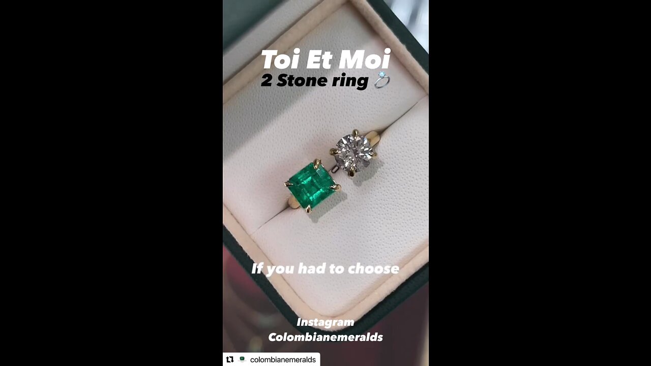 2.61tcw Square asscher Colombian emerald & round diamond Toi Et Moi two stone Ring 18k