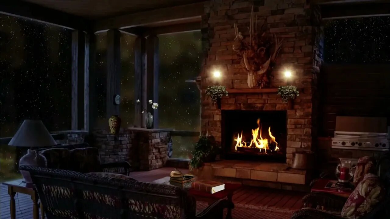 by the fireplace as it storms